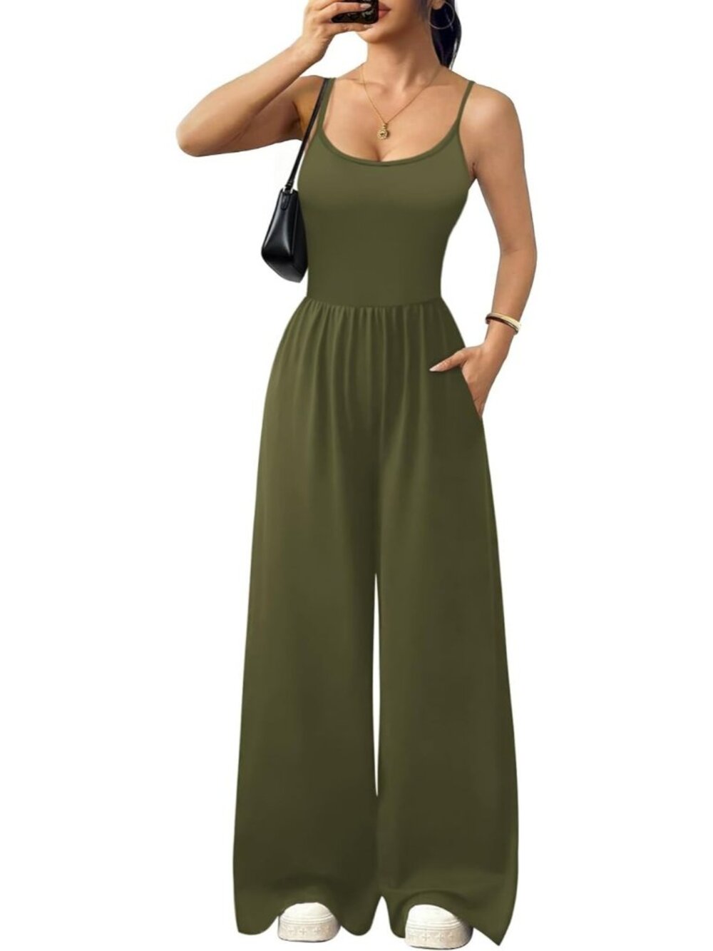 Women's Army Green Summer Casual Tummy Control Sleeveless Wide Leg Romper